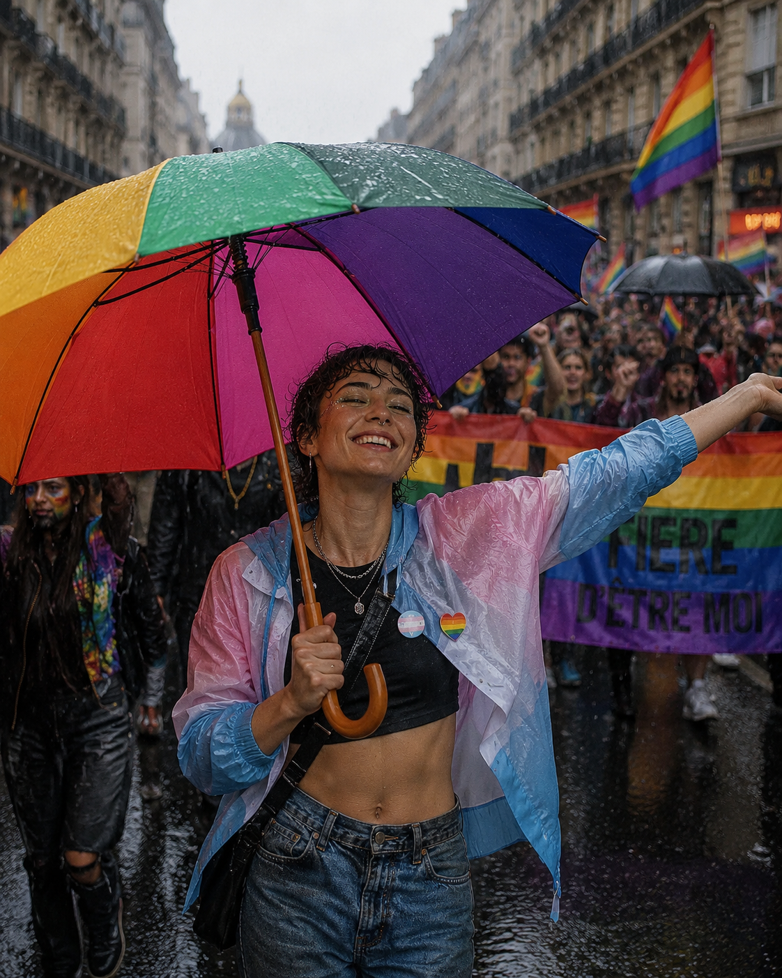 Parapluie ADULTE à 8 panneaux avec toile multicolore en polyester, avec tige, pointes et poignée courbée en bois, baleines… (rendu IA)